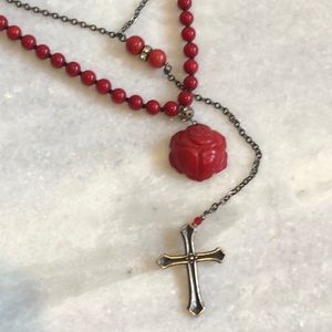 🌹Red Beaded Rose & Cross Rosary Style Necklace